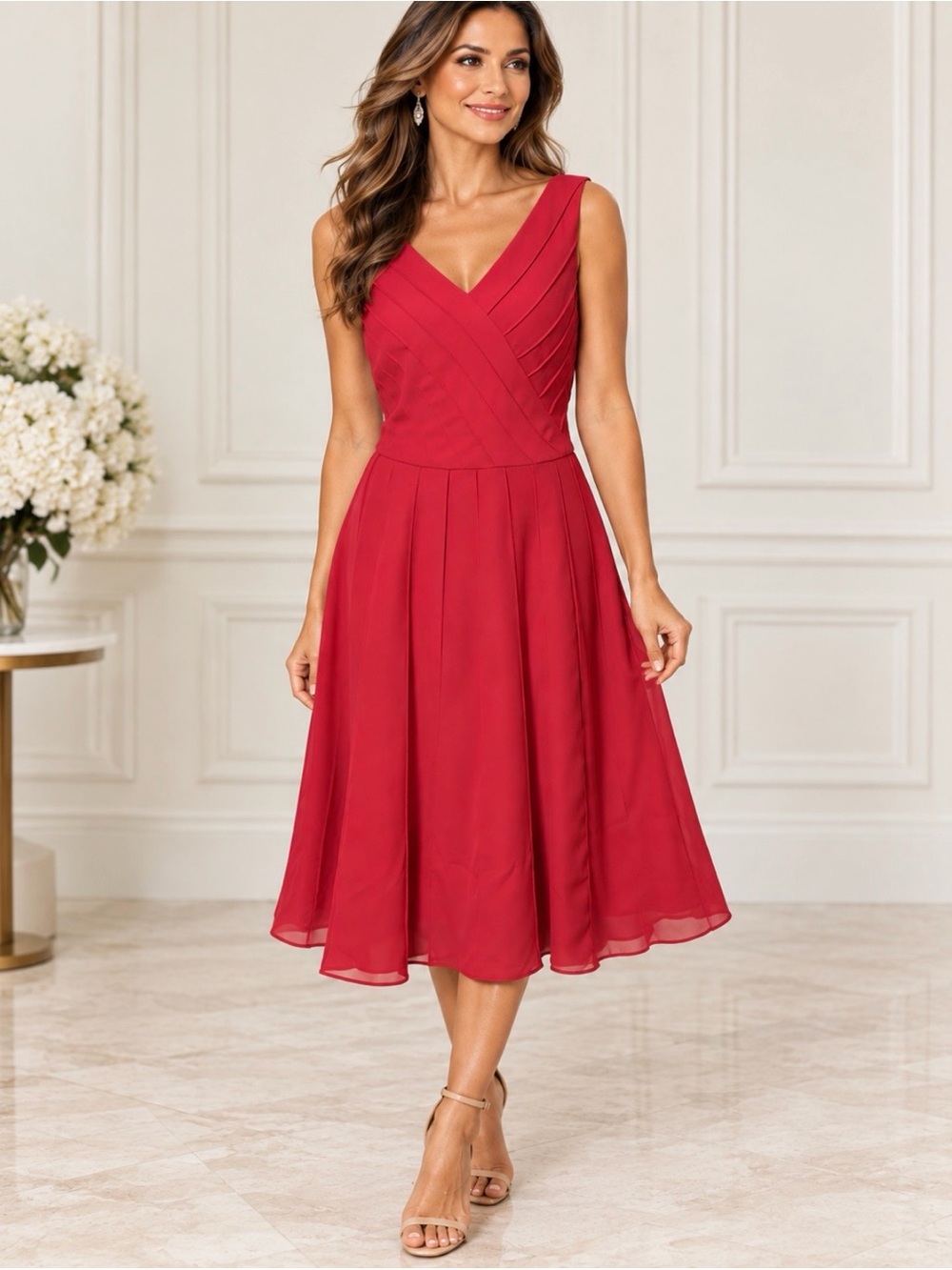 Adrianna Papell Red Sleeveless V-Neck Pleated Bodice Midi Dress